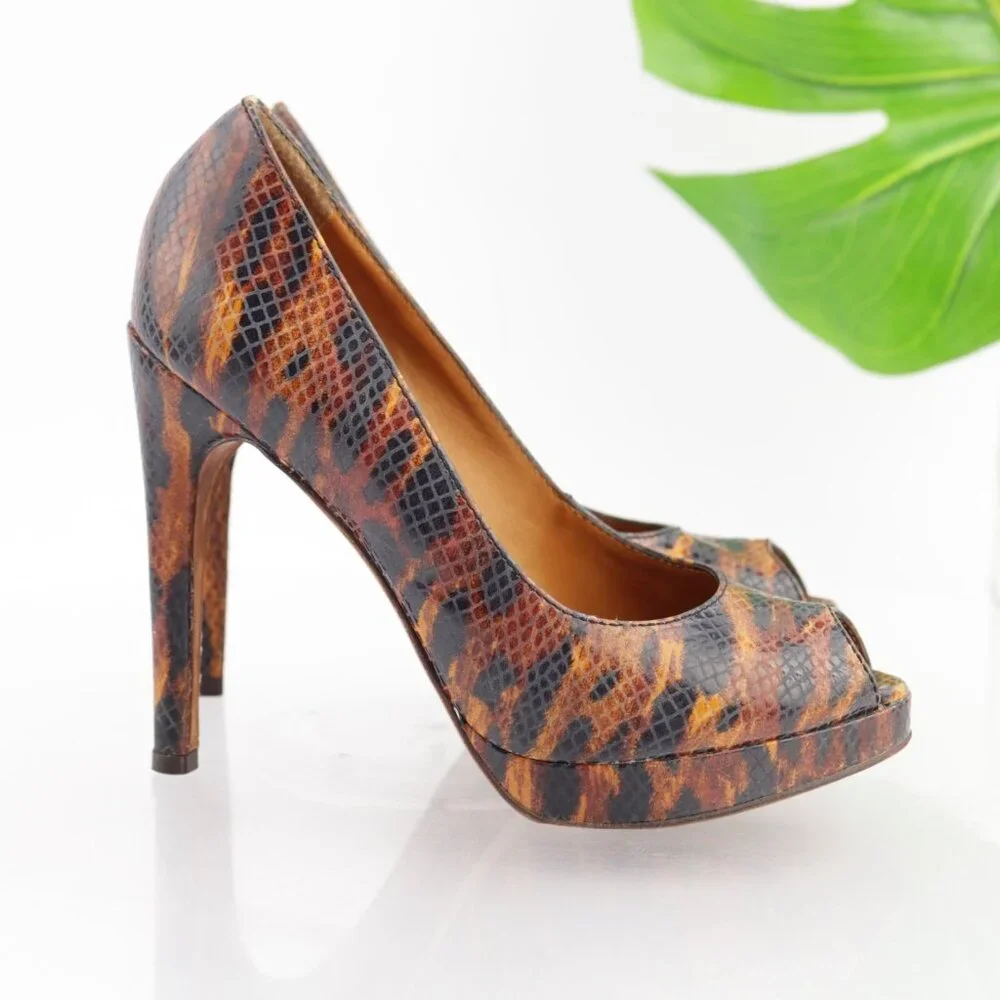 Michael Kors Womens Pumps Size 7 M Brown Tan Python Platform Heel Peep Toe Shoes - Picture 13 of 13